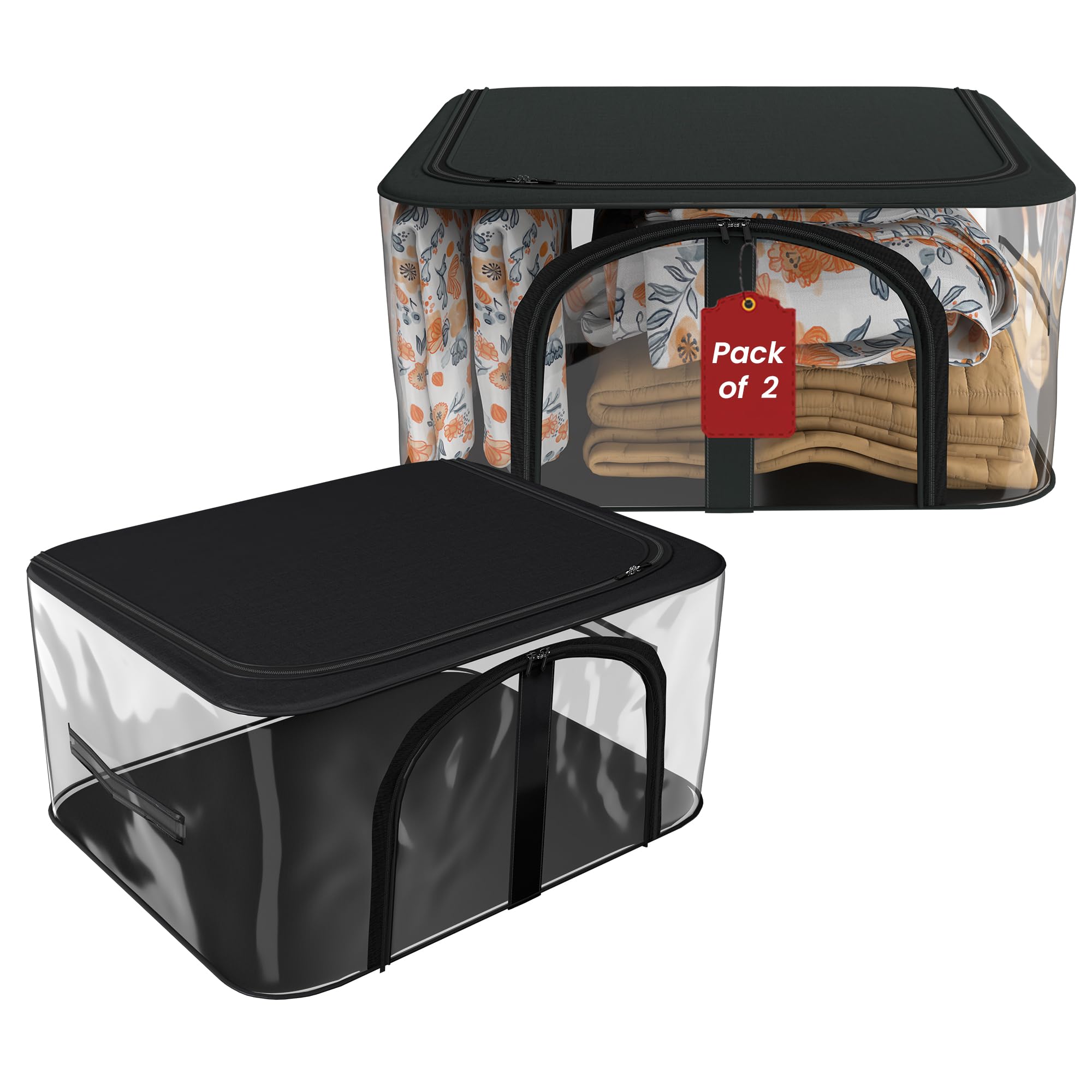 Kuber Industries Pack of 2 Pvc Transparent Zip Lock Saree Organizer for Wardrobe with Handles | Dress Storage Bag for Lehenga, Gown & Shawl |Clothes Organiser for Storage | Dark Grey & Black