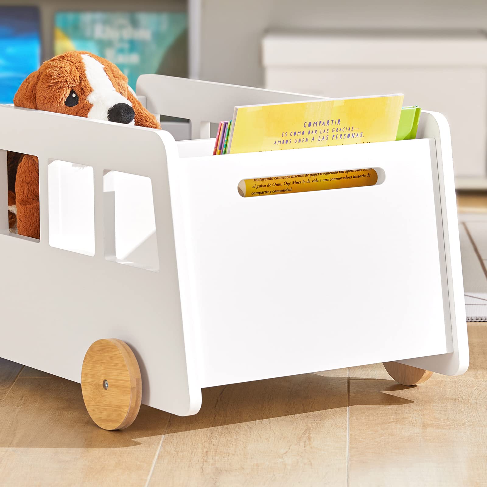 SoBuy KMB41-W Caja Baúl de Almacenamiento para Juguetes con Ruedas Organizador de Juguetes y Libros con 2 Secciones 68 x 43 x 33 cm ES