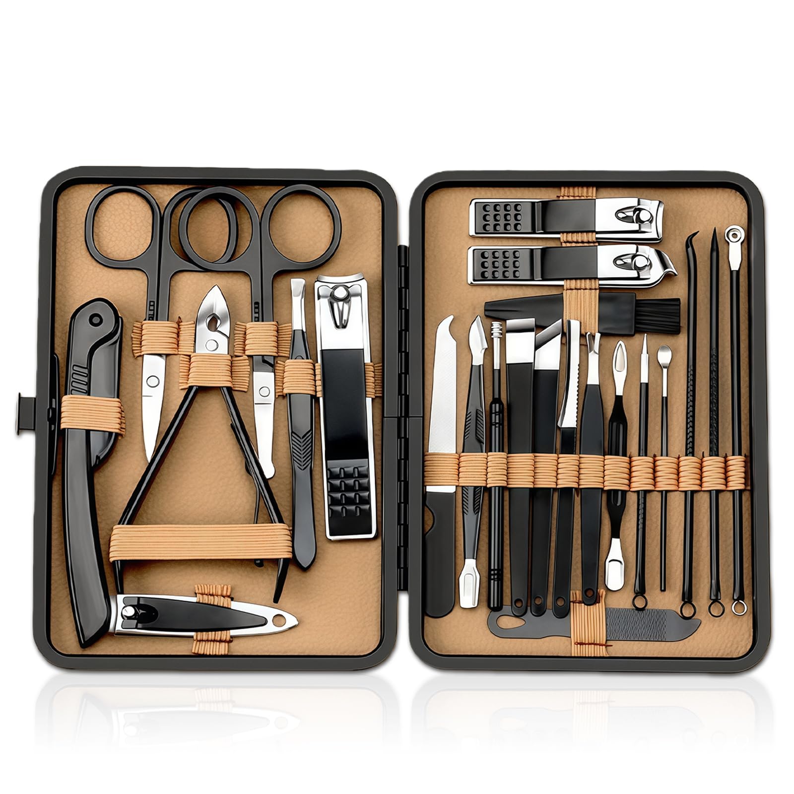 Flintronic Maniküre-Set 24 Teile, Nagelknipser Set Pediküre Edelstahl Werkzeuge, Professionelle Beauty Nagelpflege Kit mit Ledertasche, Zuhause, Reisen, Schwarz Silber