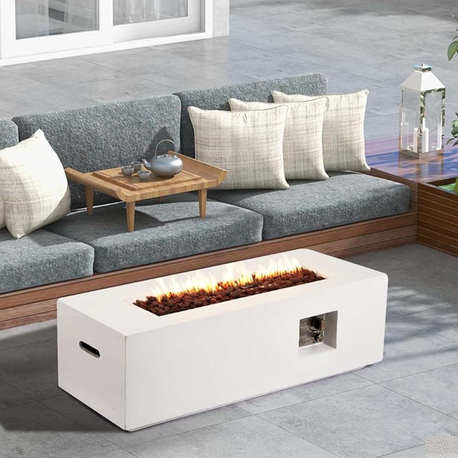 ECOTOUGE 42" Patio Propane Fire Pit Table, 50,000 BTU Rectangle Concrete Fire Table with Weather-Resistant Pit Cover, Auto-Ignition, Free Lava Rocks, Tank Holder is Not Included, White