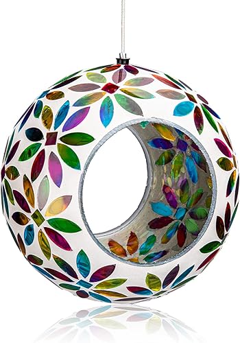 VCUTEKA Alimentador de pájaros mosaico para colgar en el exterior con contenedor de vidrio de forma redonda para atraer más pájaros silvestres para