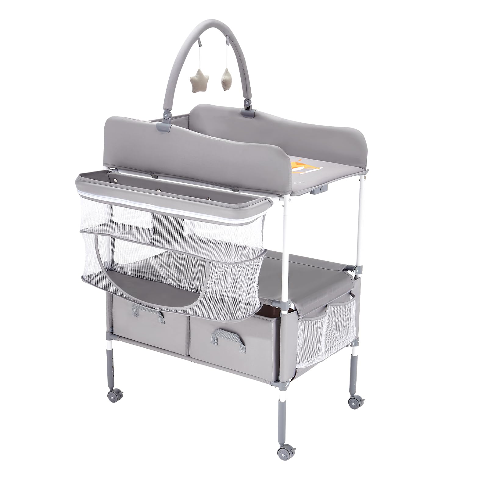 VEVOR Table à langer pour bébé, station à langer pliable avec 2 tiroirs en tissu, panier latéral et tringle, table à langer portable à hauteur réglable avec roulettes verrouillables et 2 jouets en