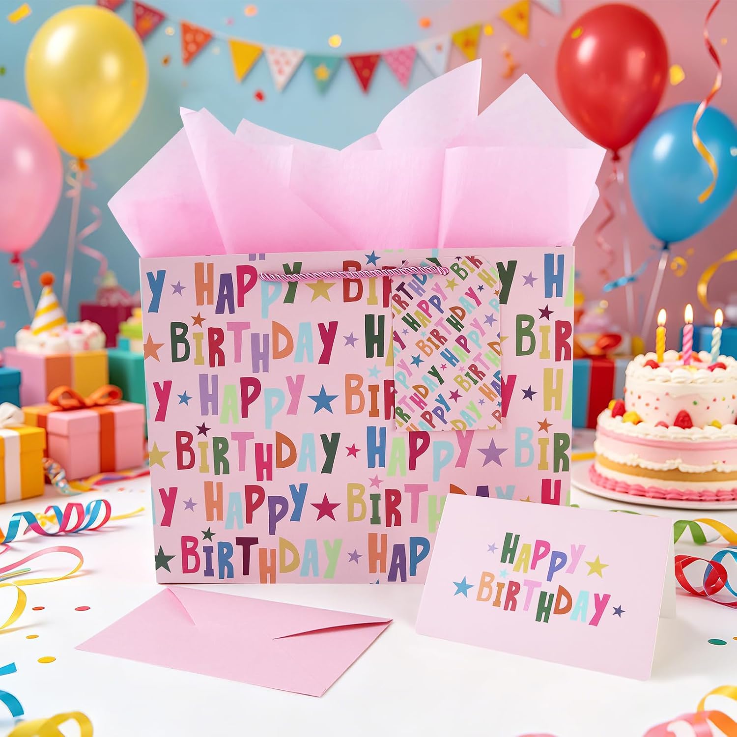 JAYTEM Birthday Gift Bag, 13" Pink Large Gift Bag, Classic Colorful Lettering Design Happy Birthday Bag Set with Greeting Card, Tag, Envelope & Tissue Paper for Women, Men, Boys, Girls, Kid image 2