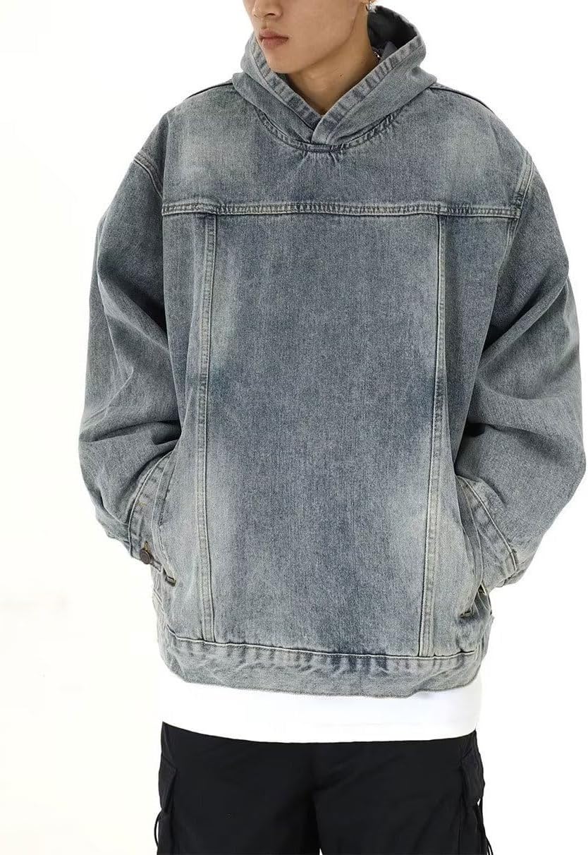 chouyatou Men's Casual Pullover Denim Jacket Vintage Distressed Jean Hoodie Jacket Oversized Sweatshirt Tops