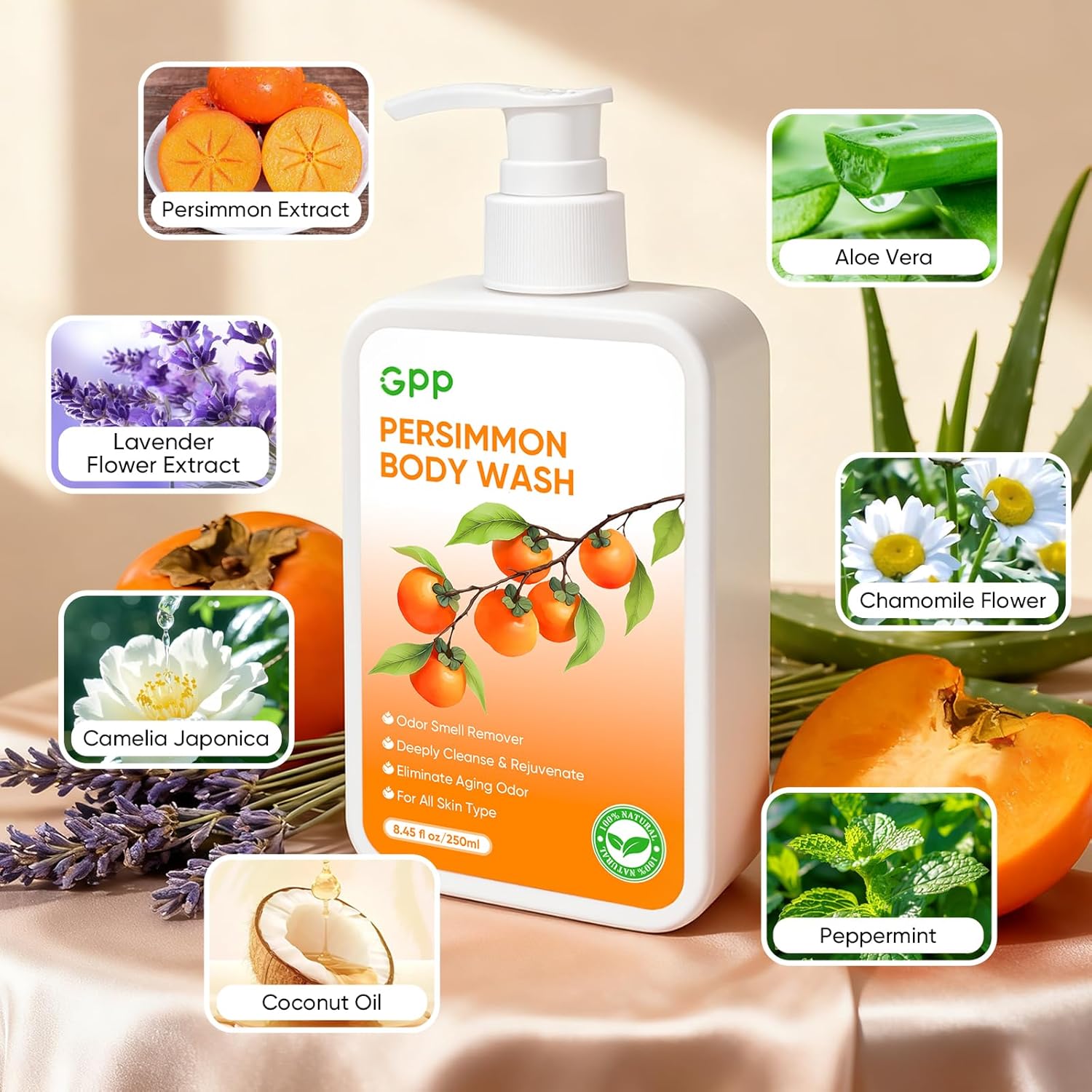 GPP Persimmon Body Wash for Body Odor Control, Natural Deodorant Soap for Old People Smell, Smelly Feet Deodorant Body Odor Eliminator, Gentle for Sensitive Skin, Persimmon Soap Bar for Women & Men - Image 2