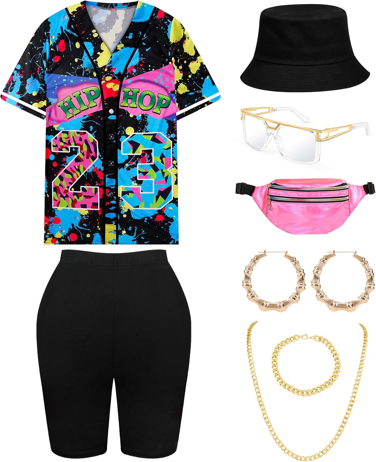 9 Pcs 80s 90s Cotume for Women, Hip Hop Outfit Set with Baseball Jersey Shirt Shorts Set for 80s Party
