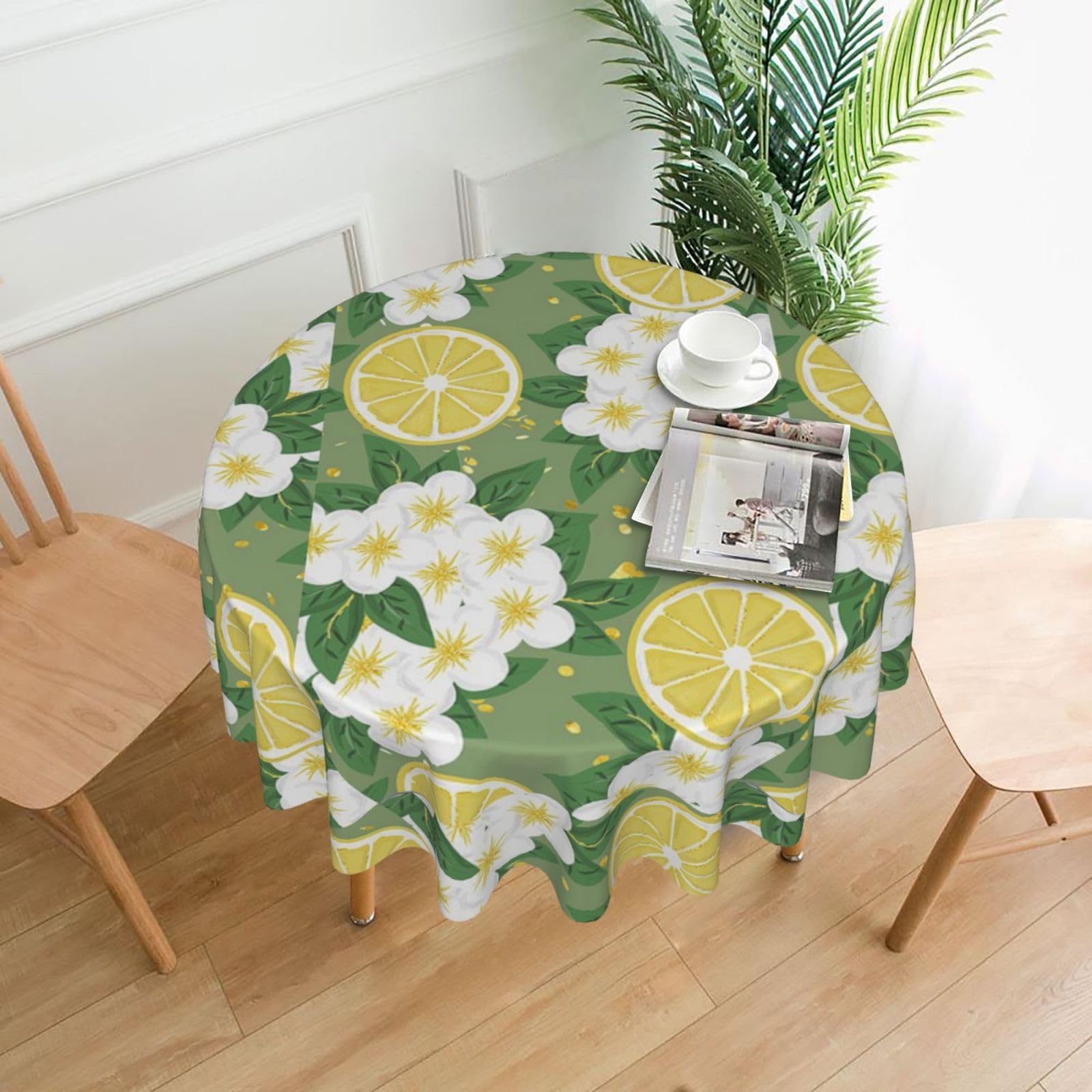 Nbtghga Fresh Lemon Print Tablecloth Round Border Table Cloth Cover Decorative For Party Holiday Dinning Tabletop Home