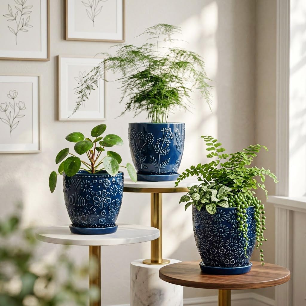 Hollyone Set of 3 Blue Ceramic Planter 6 Inch Flower Plant Pot with Drainage Hole and Saucer for Plants Embossed Indoor Outdoor Garden Embossed Ceramic Glazed Round Pot for Succulent Orchid