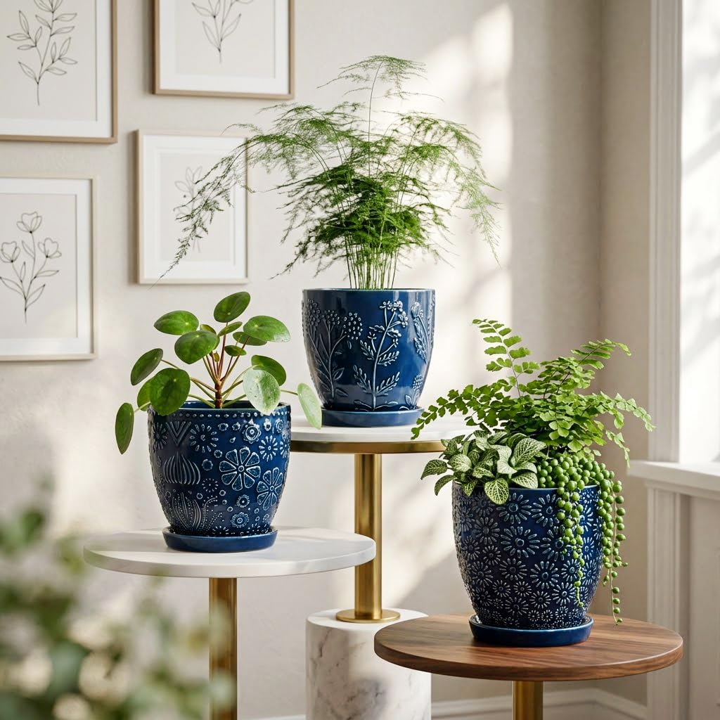 Oairse 3er-Set Keramik Blumentopfe mit Abflussloch und Untersetzer, 15 cm
