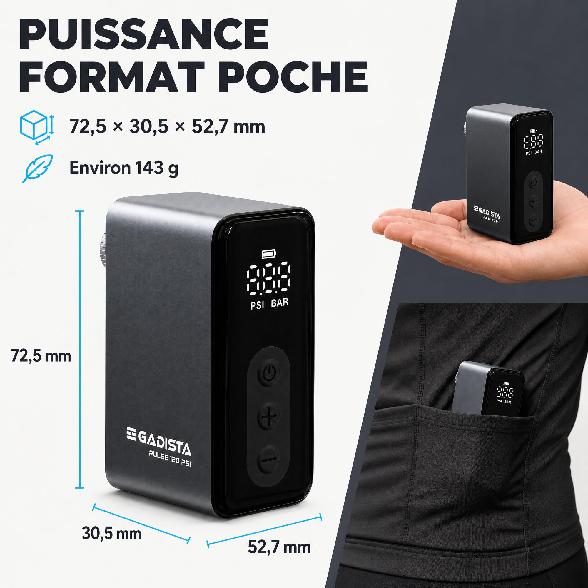GADISTA Mini Pompe à Vélo Électrique 120 PSI - Gonfleur Électrique Portable sans Fil, Écran Numérique PSI/Bar, Arrêt Automatique, Valves Presta & Schrader + Ballons, USB-C, 143 g