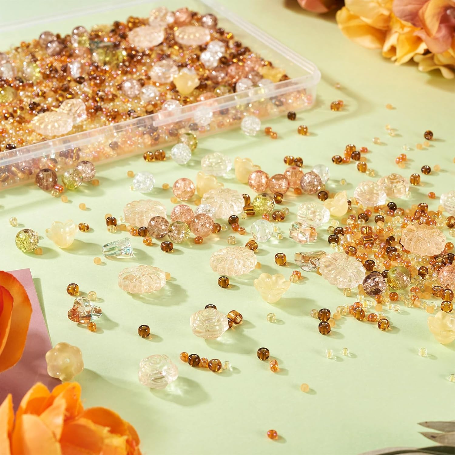 FASHEWELRY 2124Pcs Assorted Fall Theme Crackle Glass Beads Bulk Mixed Fall Color Flower Shaped Round Glass Seed Beads Crystal Spacer Beads for Bracelet Crafts Necklaces Earring Thanksgiving Decor - Image 5