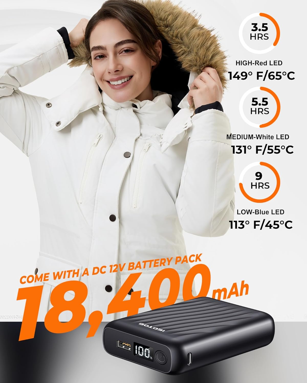 Heated Jackets for Women with 18400mAh 12V Battery Pack - Windproof Parka Womens Heated Jacket with Detachable Hood - Image 3