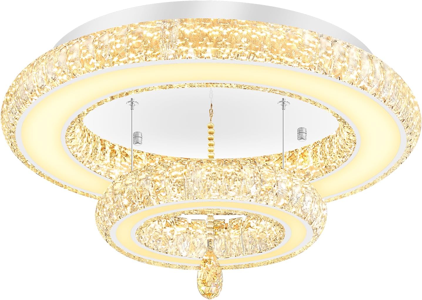 Glam Crystal Ring Chandeliers for Living Room Silver 24in Modern Led Flush Mount Chandelier with K9 Crystal Raindrop
