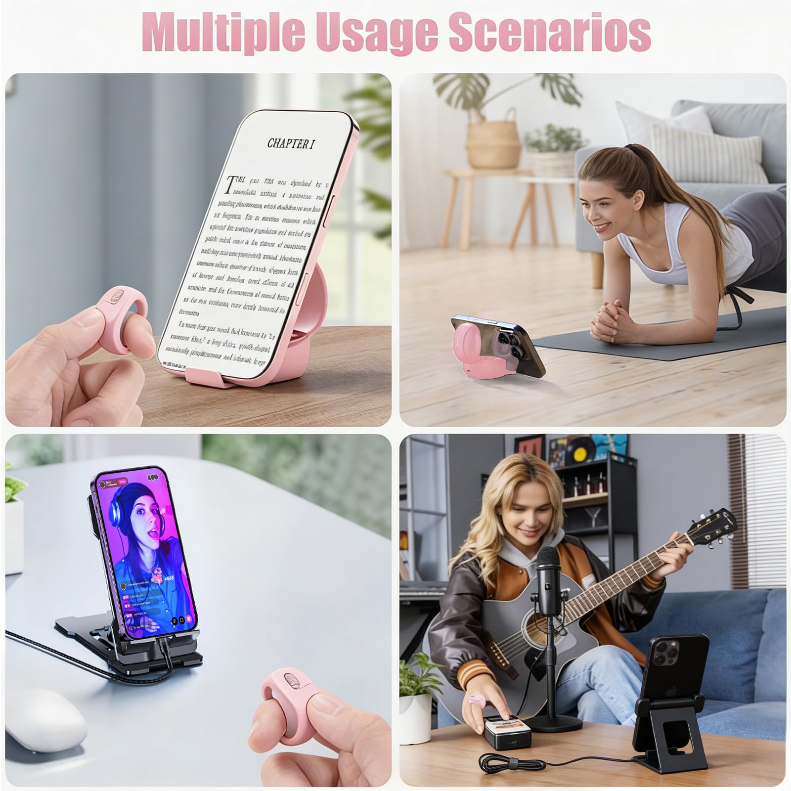 TikTok - Anello di scorrimento Bluetooth per tablet Kindle, iOS, Android, fotocamera, registrazione video, con caricatore (rosa)