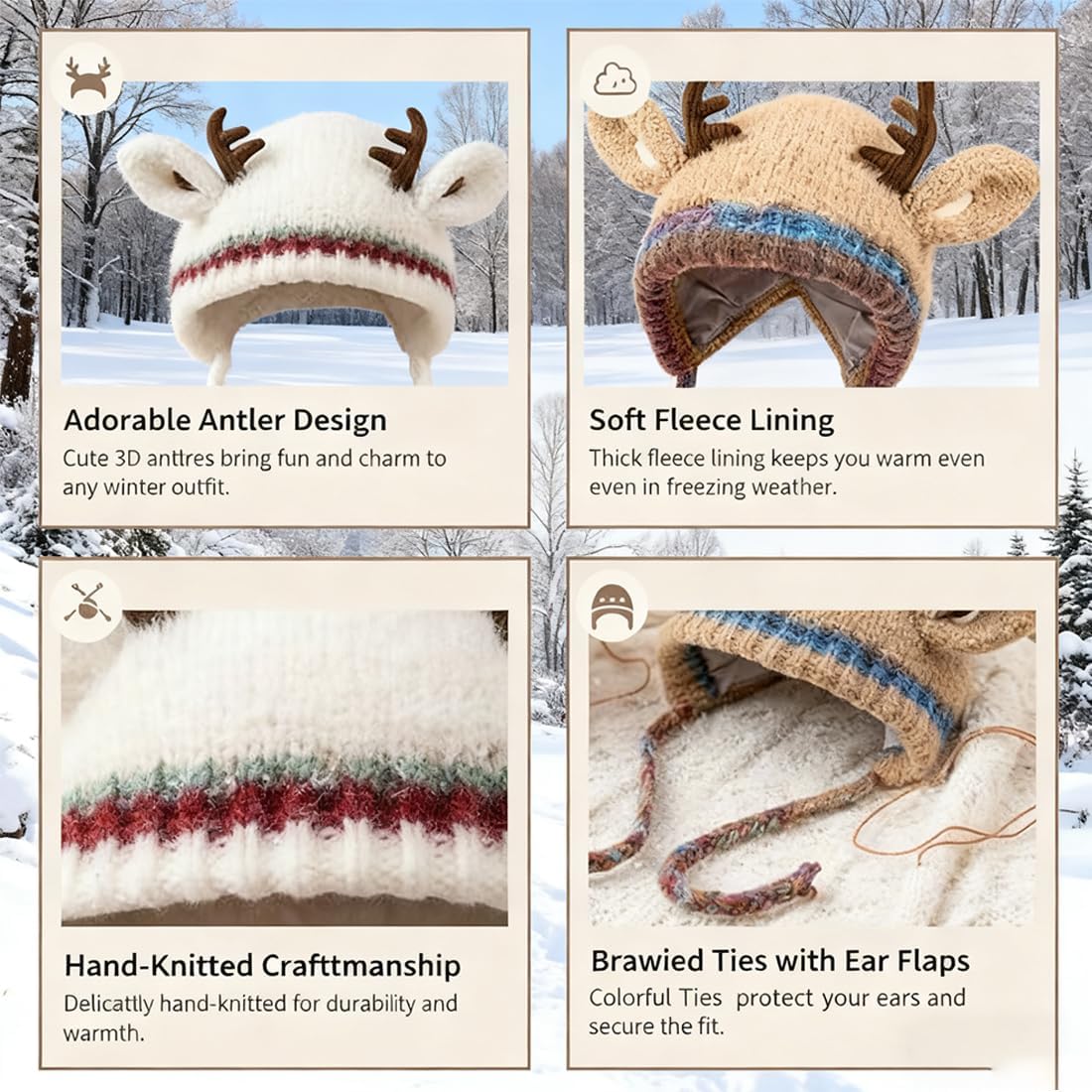 Christmas Antler Hat, 2-in-1 Reindeer Beanie & Handbag, Foldable Sheep Ears Warm Windproof Ear Protection Cap