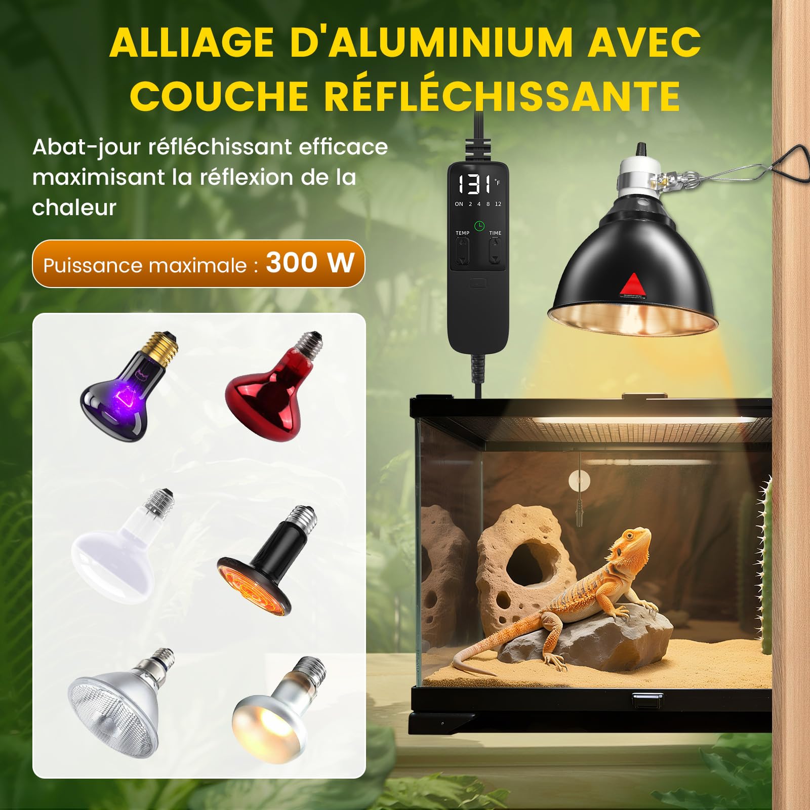 GlowUp Lampe Chauffante Reptile 300W E27 avec Thermostat et Minuterie pour Terrarium Tortues Lézards