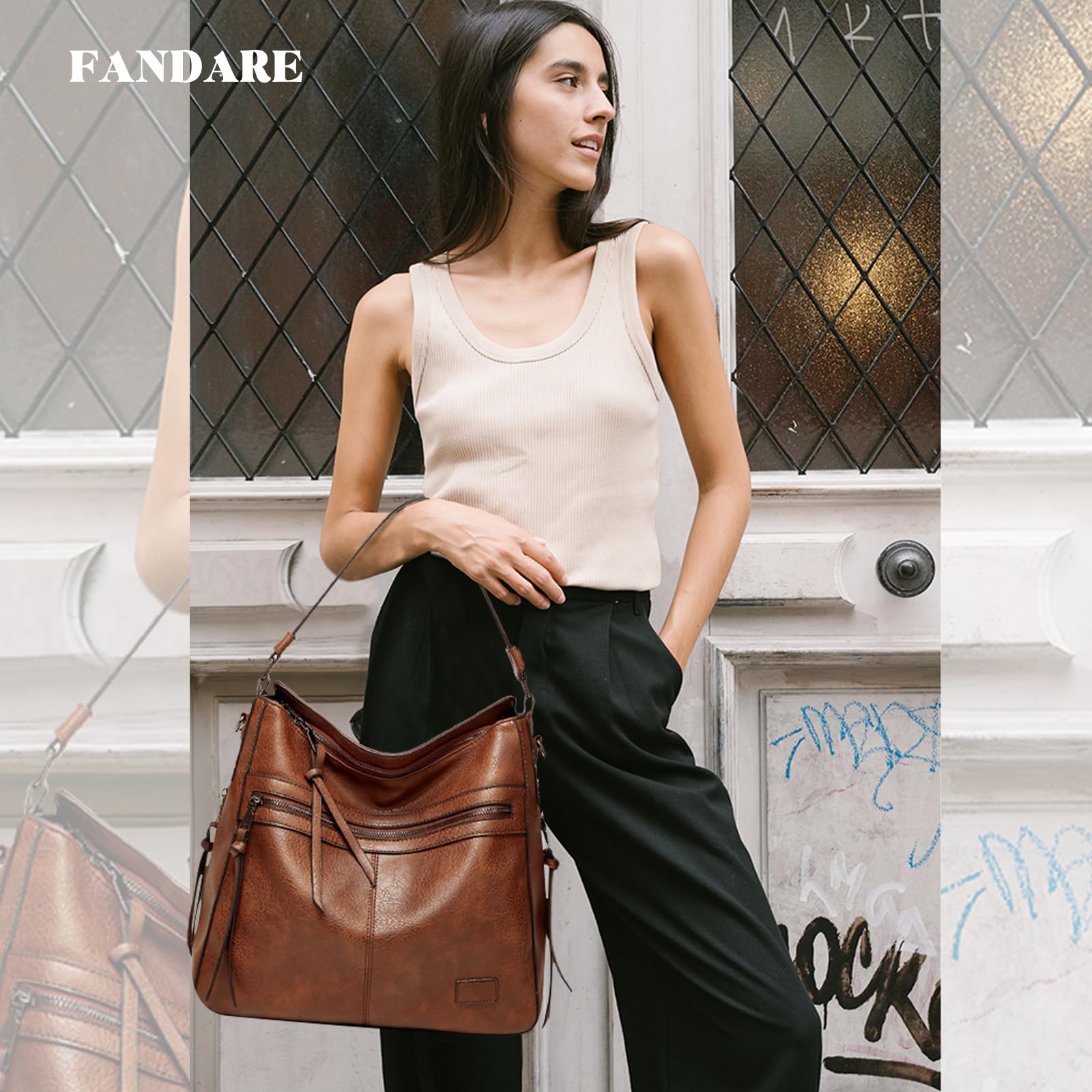 FANDARE Retrò Borsa Donna Spalla Tracolla Borsa a Tote Mano Pelle PU Impermeabile Messenger Rivetto Nappa per 12.9 Pollici PC Portatili Shopping Viaggio Partito Work Crossbody Bag Marrone