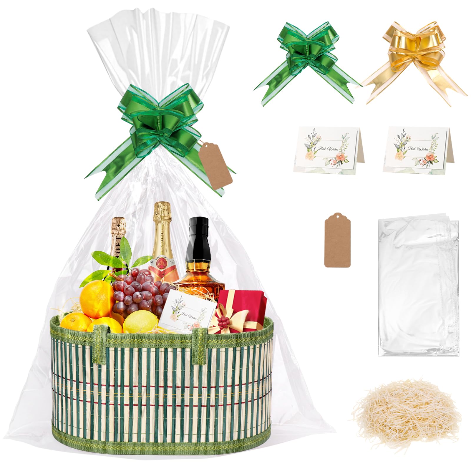 Dreamtop Empty Hamper Basket, Green Large Woven Bamboo Gift Basket Hamper Kit with Handles, Sturdy Hamper Baskets for Gifts Empty to Fill for Christmas Birthday Baby Shower Wedding Gift