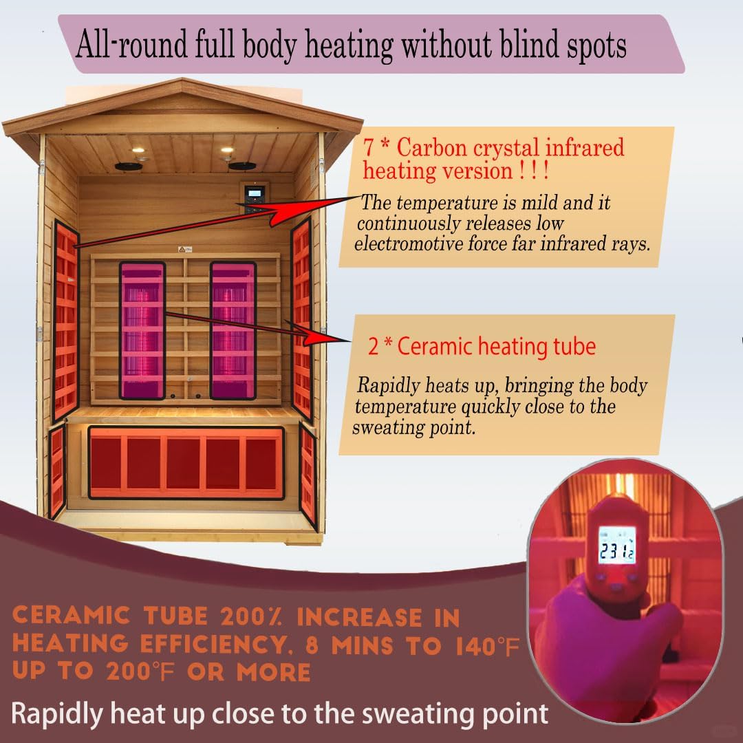 Outdoor Sauna 2 Person, Ceramic Infrared Saunas for Home, Ultra Low EMF Infrared Sauna, Mahogany Wood Home Sauna Room with Bluetooth Speakers, LED Reading Lamps, Chromotherapy Lights