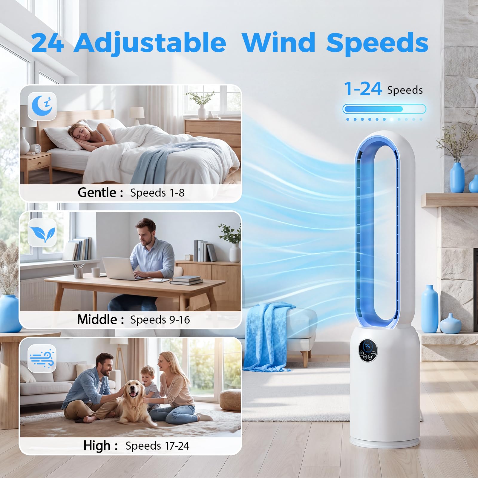 Ventilatore a Torre silenzioso, 24 Velocità, Oscillazione a 60°, Display a LED, Timer 12 Ore, Ideale per Camera da Letto, Ufficio, Soggiorno e Cucina