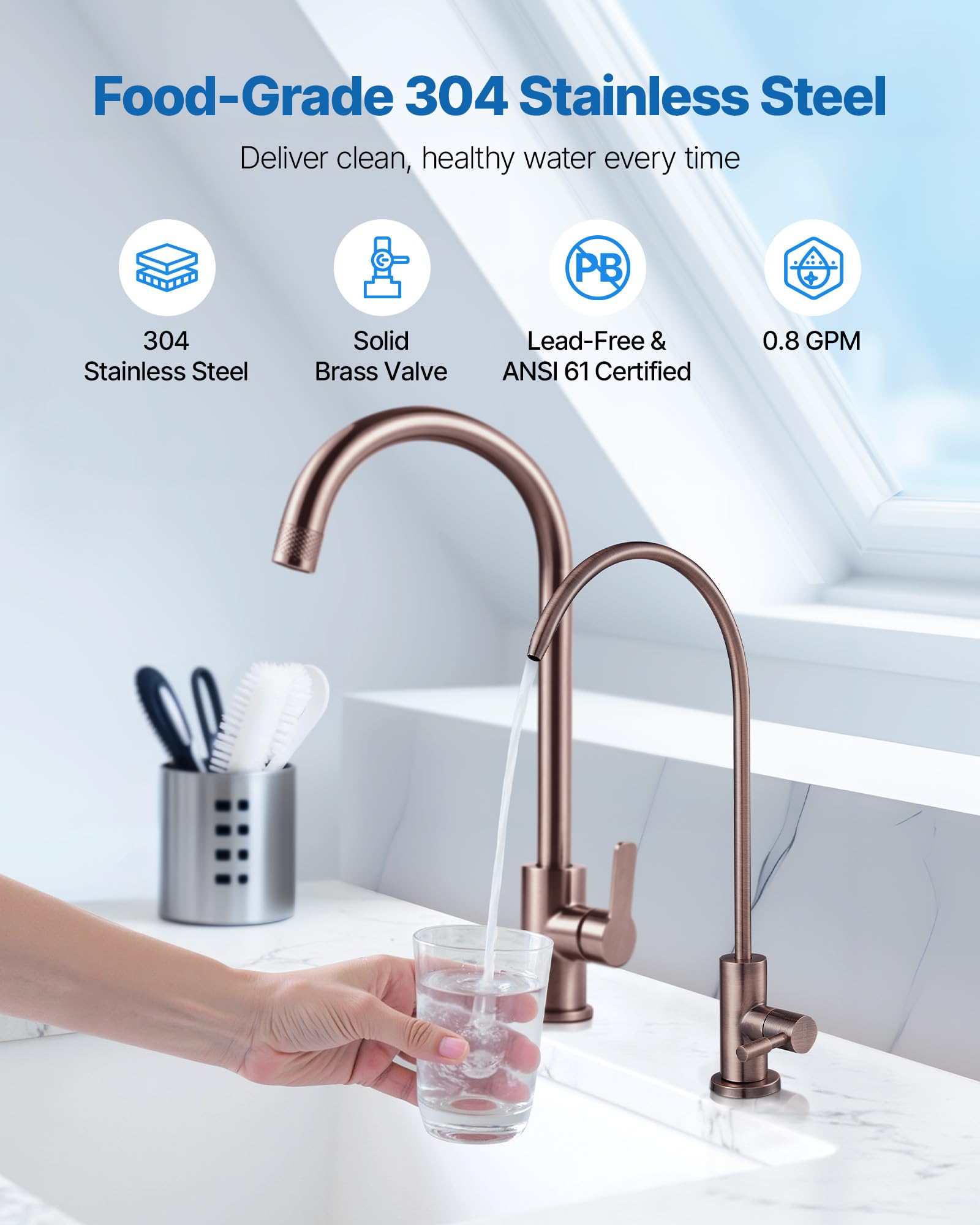 VEVOR Grifo de Acero Inoxidable para Agua Potable sin Plomo, Grifo de Ósmosis Inversa con Válvula de Latón Macizo, Resistente a la Corrosión y Duradero, para Fregadero de Cocina, Bar, Cafetería