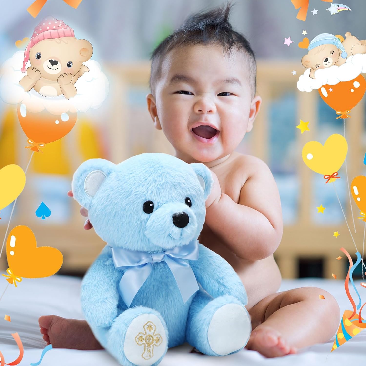 Syhood 12 Inch Baptism Gift Plush Bear Cute Soft Stuffed Animal Bear with Bow and Embroidered Catholic Prayer Christening Gifts for Boy Girl Baptisms Baby Showers Birthday Party Keepsake Favor(Blue)