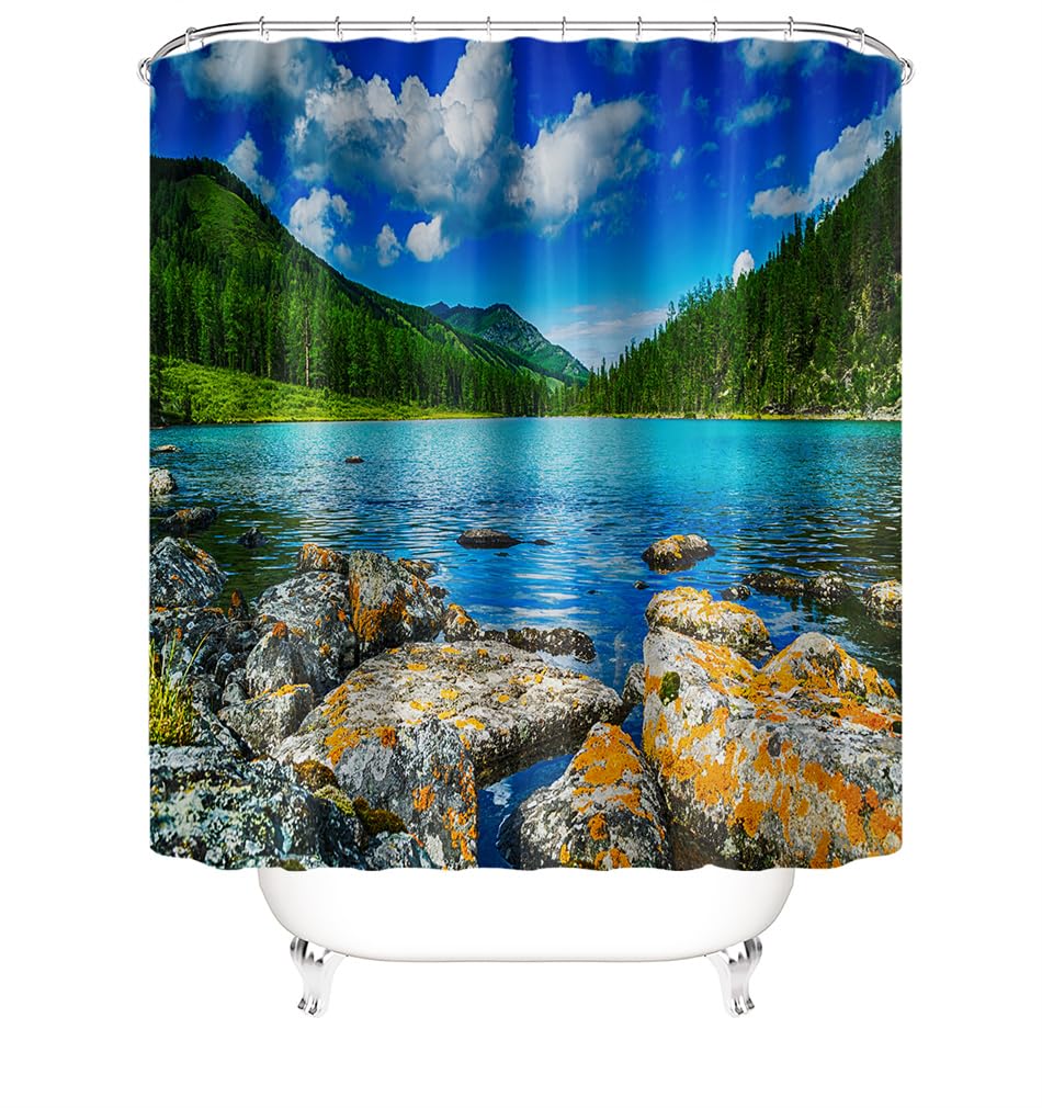 Alfombra Baño Paisaje Juego De 4 Alfombras De Baño Lavable,Alfombra Baño Secado Rapido - Alfombra De Baño*1+Tapa del Inodoro*1+ Alfombra*1 Tipo U+Cortinas De Baño180X180 45X75Cm