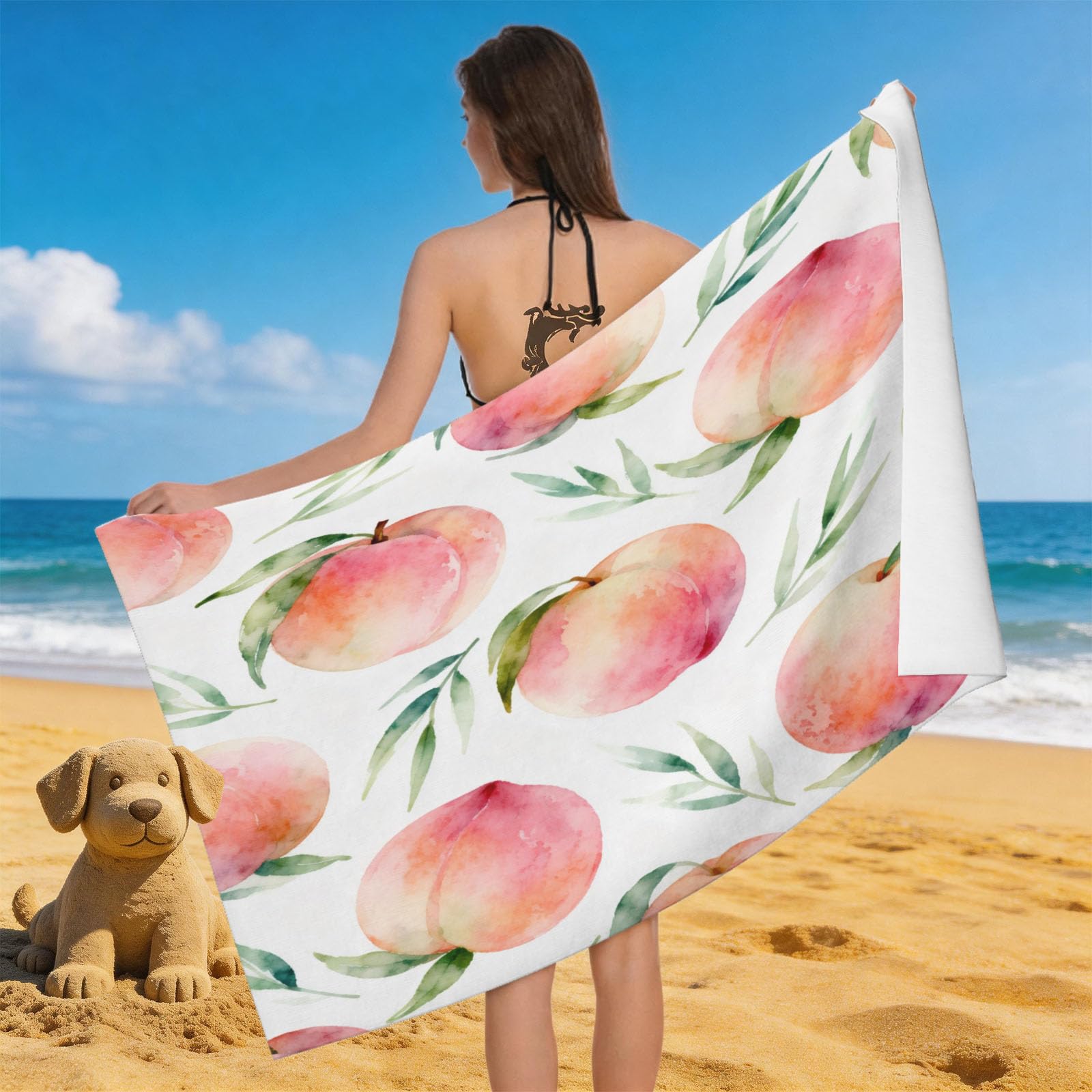 Leichong 3D Peach Beach Towel Microfiber Soft Quick Dry for Adults, Watercolor Fruit Bath Towel Lightweight Soft Absorbent for Travel Swimming Pool Sports, 75 x 150 cm
