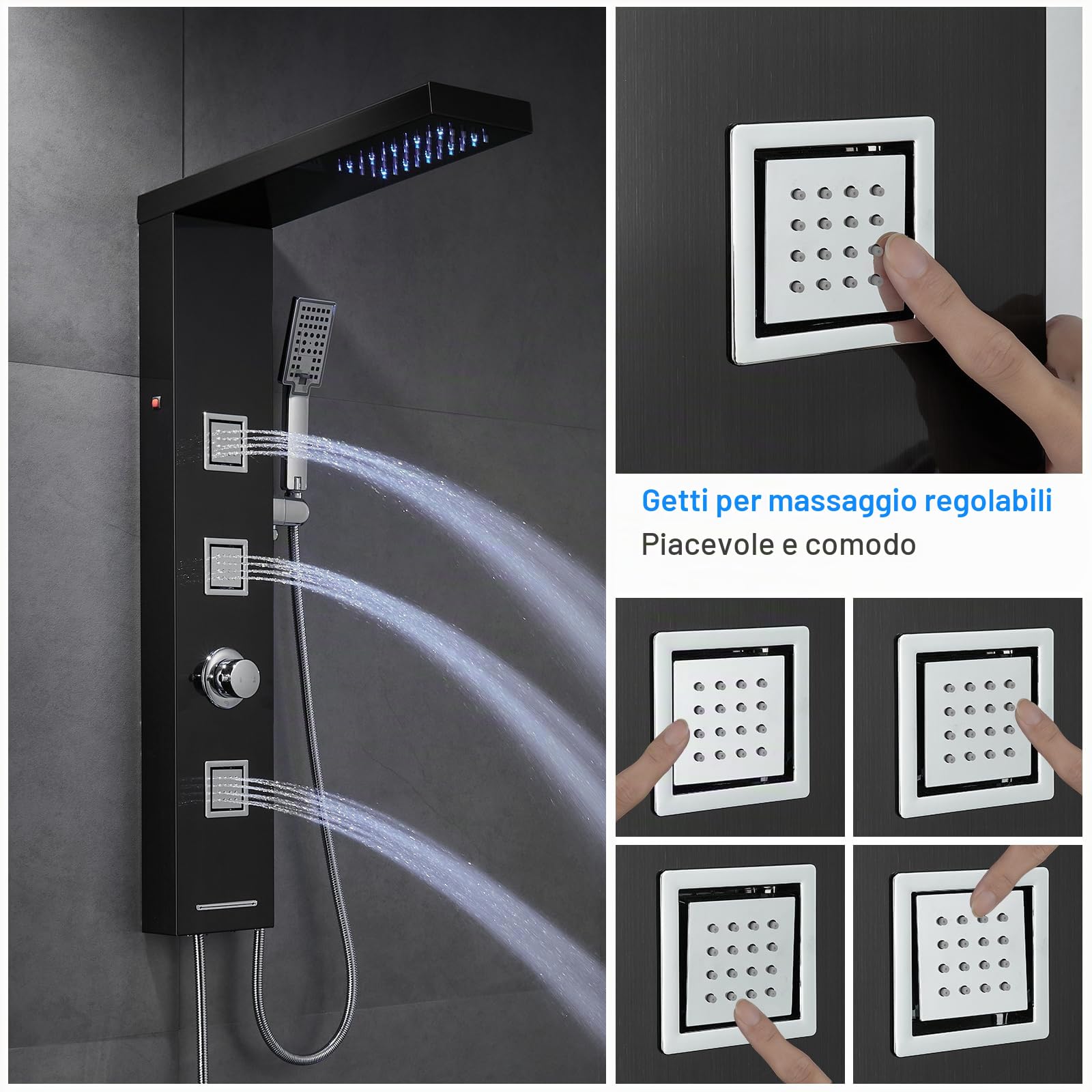 Pannello doccia LED senza rubinetto, 4 funzioni, pannello doccia con doccia a pioggia LED, 3 ugelli massaggianti, doccetta e ingresso vasca da bagno, colonna doccia in acciaio inox 304