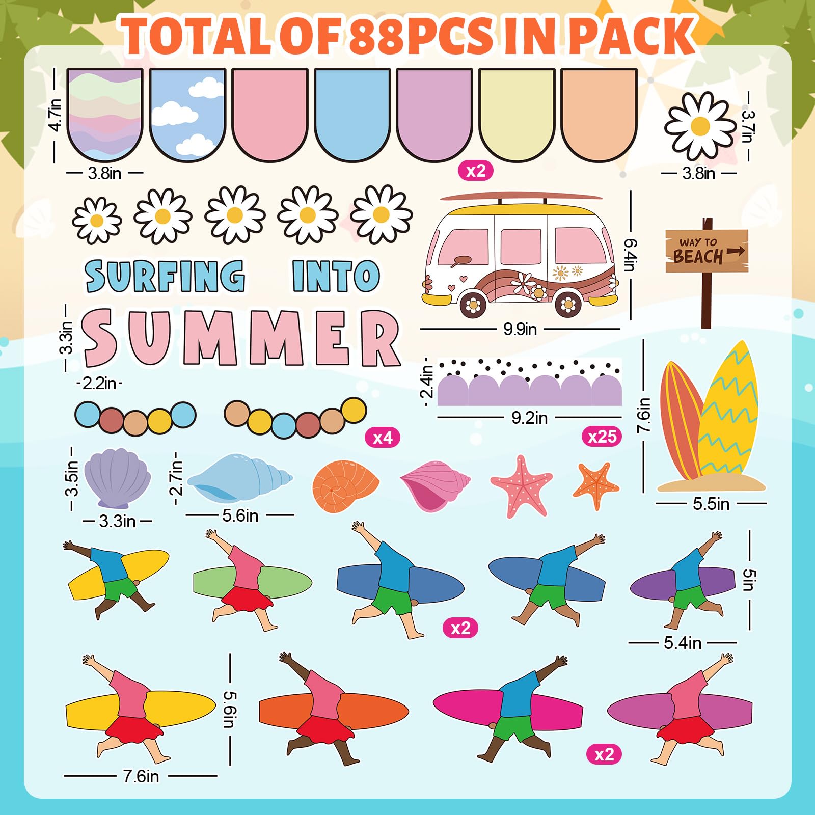 FYSUIMU 74-teiliges Pinnwand-Dekoset „Hello Summer“ – Hawaii-Strand-Papierausschnitte Mit 150 Klebepunkten