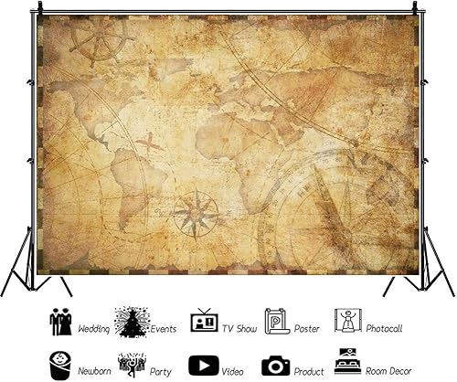 Miniatura 2 de YongFoto Telón de fondo vintage de 5 x 3 pies, mapa del mundo de viaje antiguo, mapa de pergamino, mapa del tesoro pirata, telón de fondo para