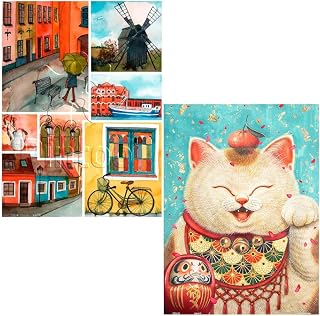 Pintoo Two Plastic Jigsaw Puzzles Bundle - 300 Piece - Beautiful Collage of Tranquil Streets and 300 Piece - Phoenix Chan - Maneki Neko [H1688+H2079]