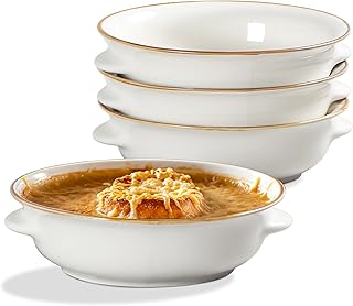 ONEMORE Soup Bowls with Handles, Set of 4, 20oz - Microwave & Dishwasher Safe Ceramic Round Serving Bowls for Beef Stew, Lentil Stew, Caesar Salad & Ice-cream - Cream White