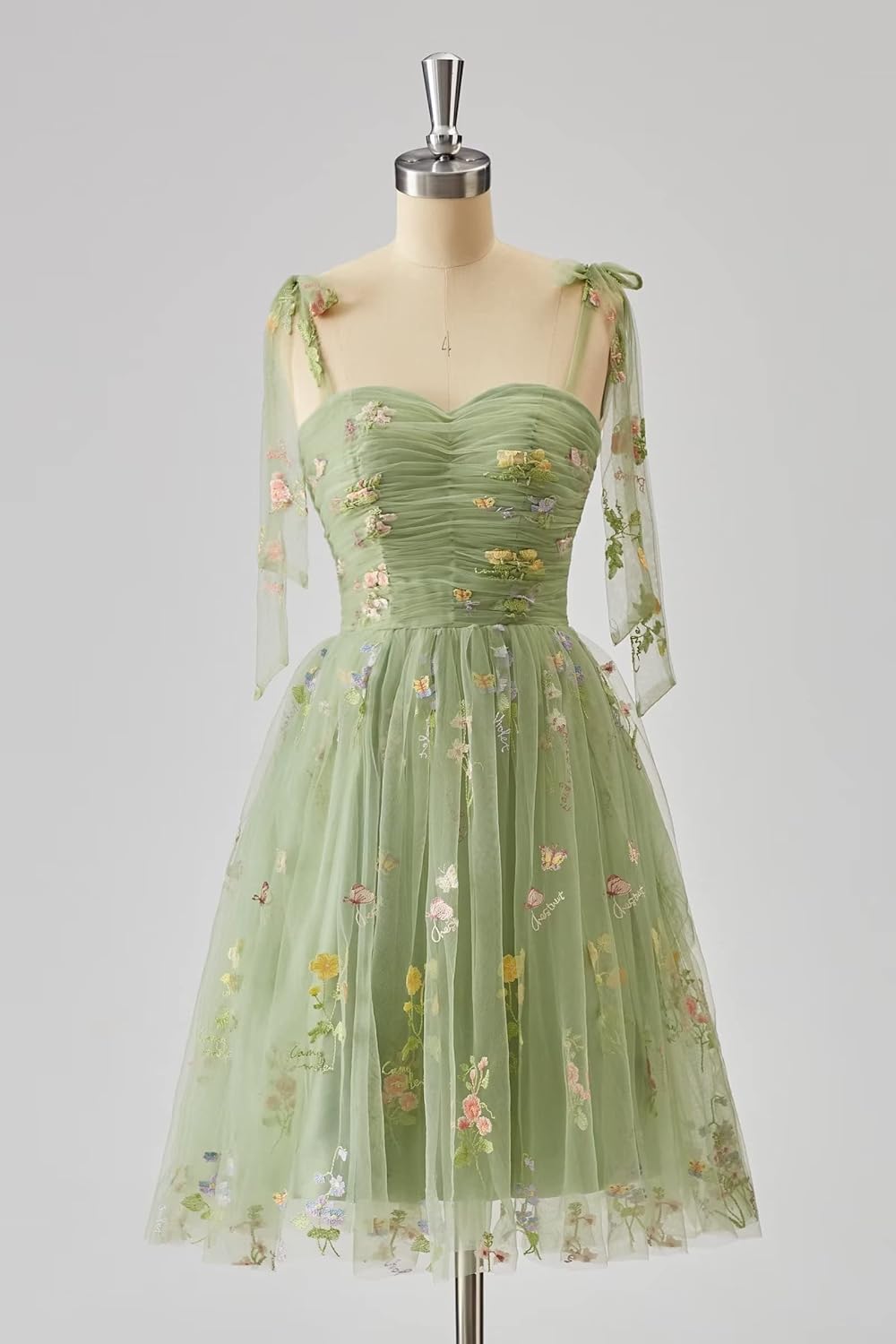 Basgute Flower Embroidery Tulle Short Homecoming Dresses for Teens Mini Spaghetti Straps Formal Prom Evening Party Gown