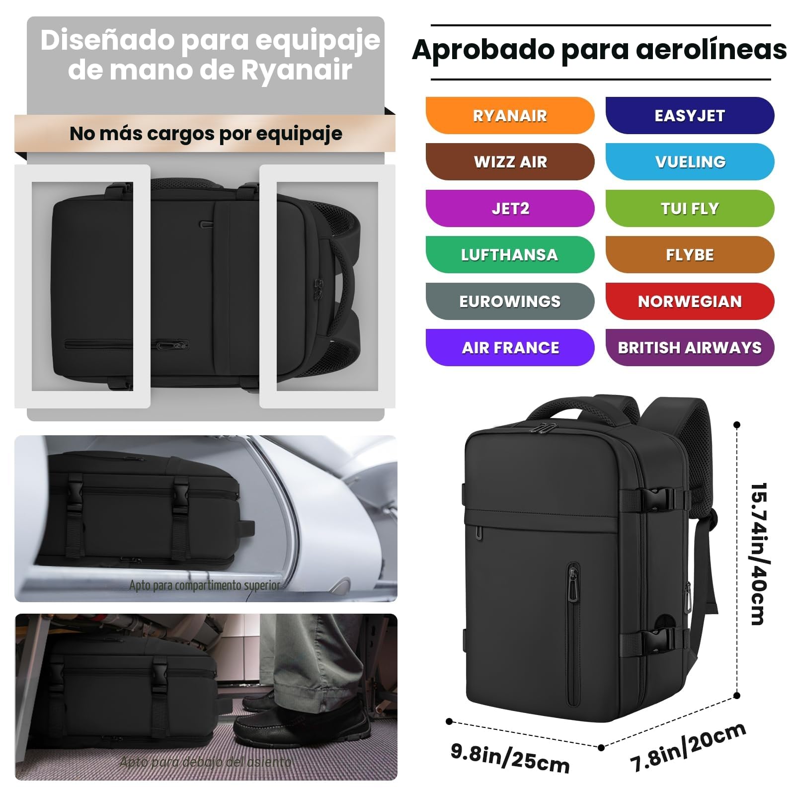 OTAHGK Mochila de Viaje Cabina Avion 40 x 20 x 25 para Ryanair Equipaje de Mano Maletas de Cabina Bolsa de Viaje Hombre Mujer mochila informal para computadora portátil -Negro