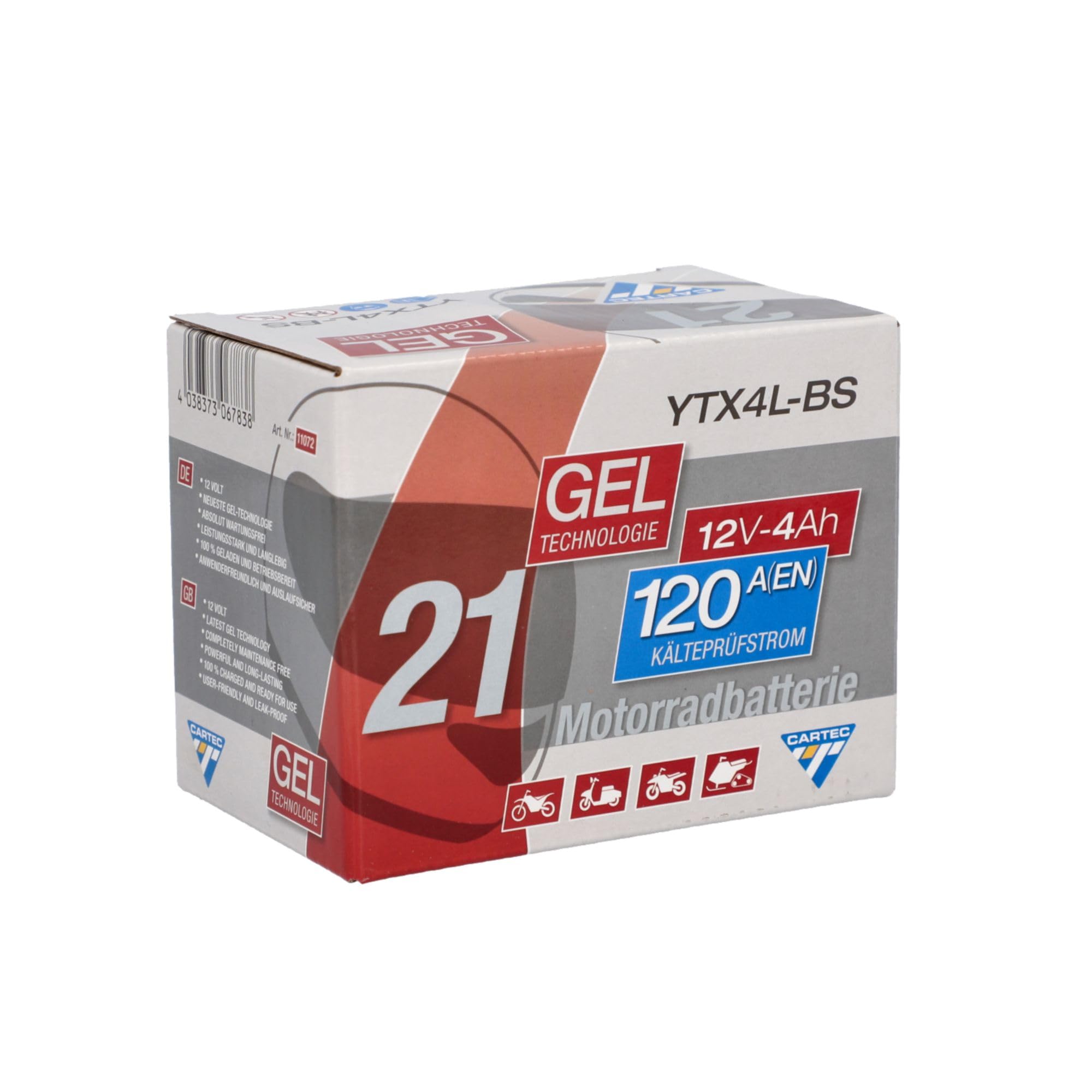CARTEC Batterie Moto YTX4L-BS, 4Ah, 70A, Technologie Gel Batterie de Démarrage Moto, Qualité D'Origine, Résistante au Cyclage, Stockable, sans Entretien, Petite
