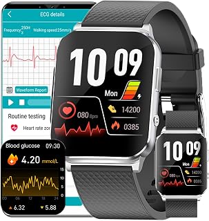 Smart Watch ECG, EP03 Blood Glucose Monitoring Fitness Tracker with PTT+ECG Blood Sugar Pressure Body Temperature Heart Rate Spo2 Mornitor Waterproof Smart Bracelet Band,Silver