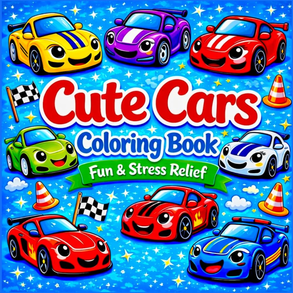 Cute Cars Coloring Book Fun & Stress Relief Kawaii Cars with Simple Designs for Relaxation (Bold & Easy Cute Coloring Books for Kids and Adults)