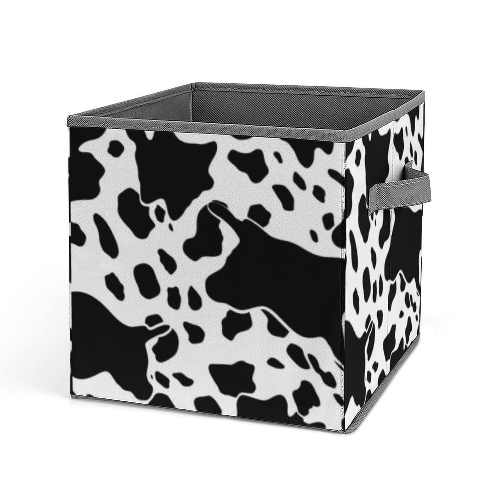 DWVTSLH Black And White Cow Print Cube Storage Bins with Handle, Foldable Storage Cubes, 11 Inch Large Storage Baskets, Washable Fabric Closet Organizer for Shelves, Decorative Clothes Storage Boxes