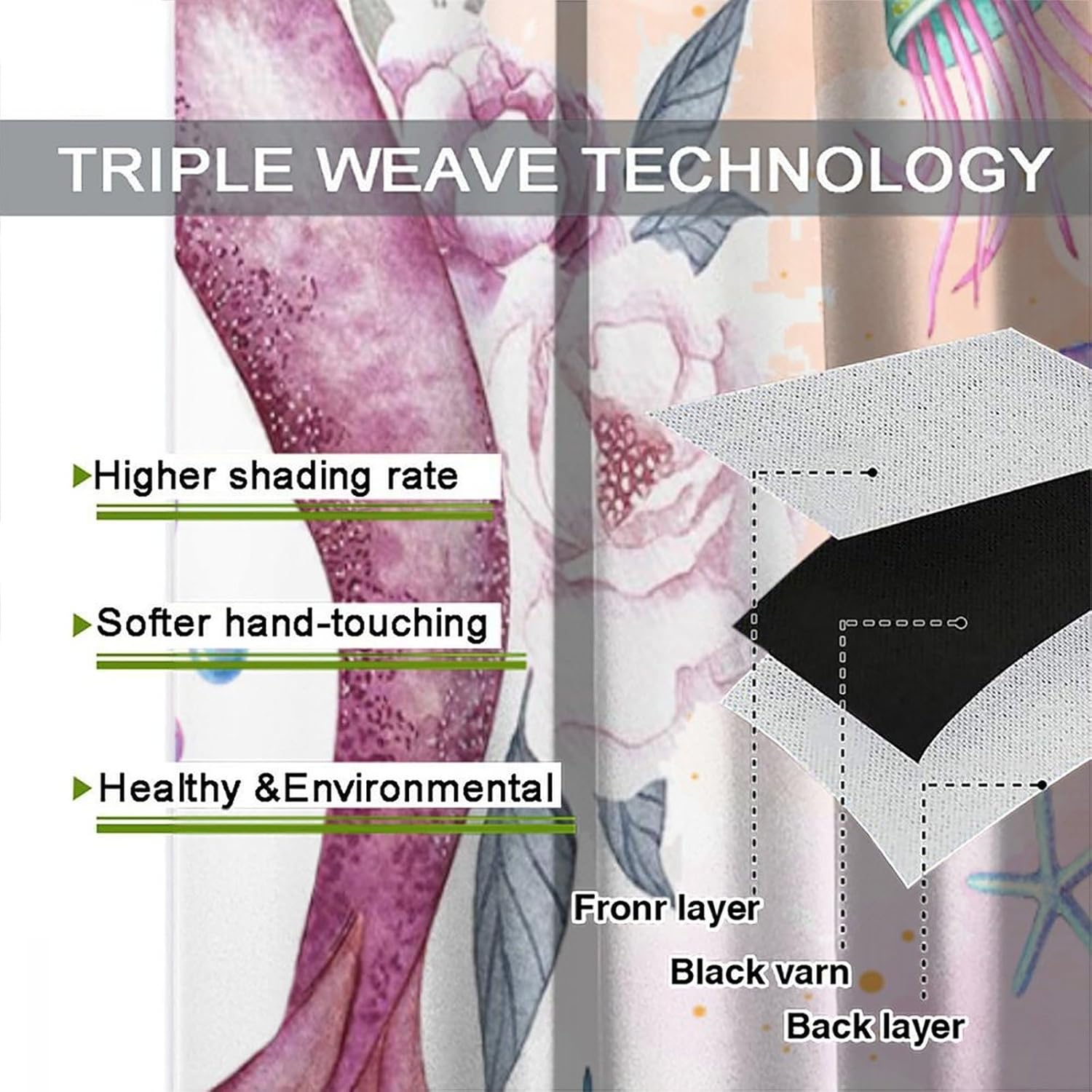 Watercolor Mermaid Curtains, Pink Sea Ocean Theme Window Drapes for Girls Bedroom Cute Coral Reef Fish Seashell Jellyfish Print Blackout Curtains for Kids Room Living Room, 42" W X 45" L