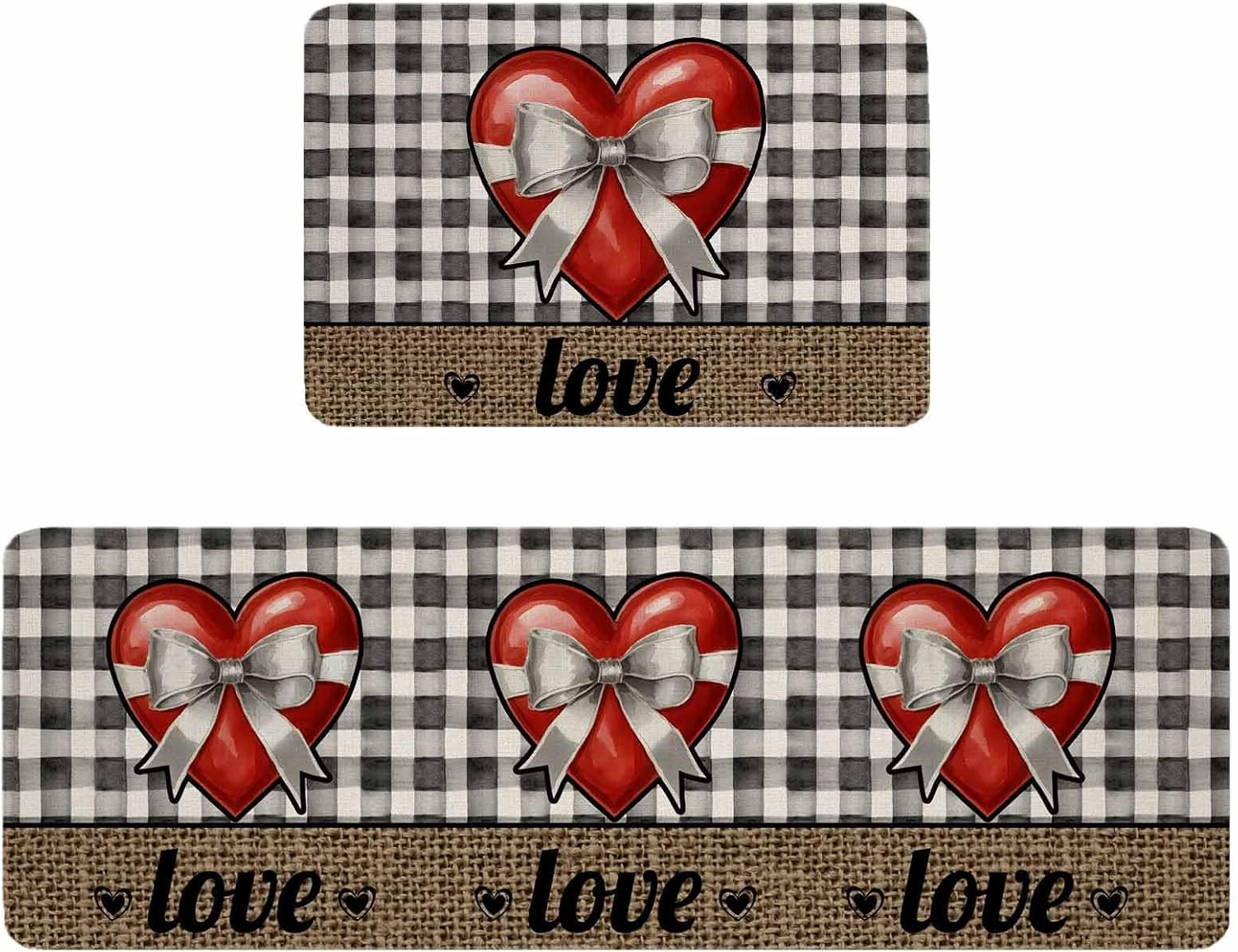 Bow on Heart Kitchen Rugs and Mats Set of 2, Non-Slip Kitchen Sink Mat, Valentine's Day Love Black Gray Plaid Beige Washable Doormat Bathroom Rugs Runner for Bedroom 19.7"x31.5"+19.7"x47.2"