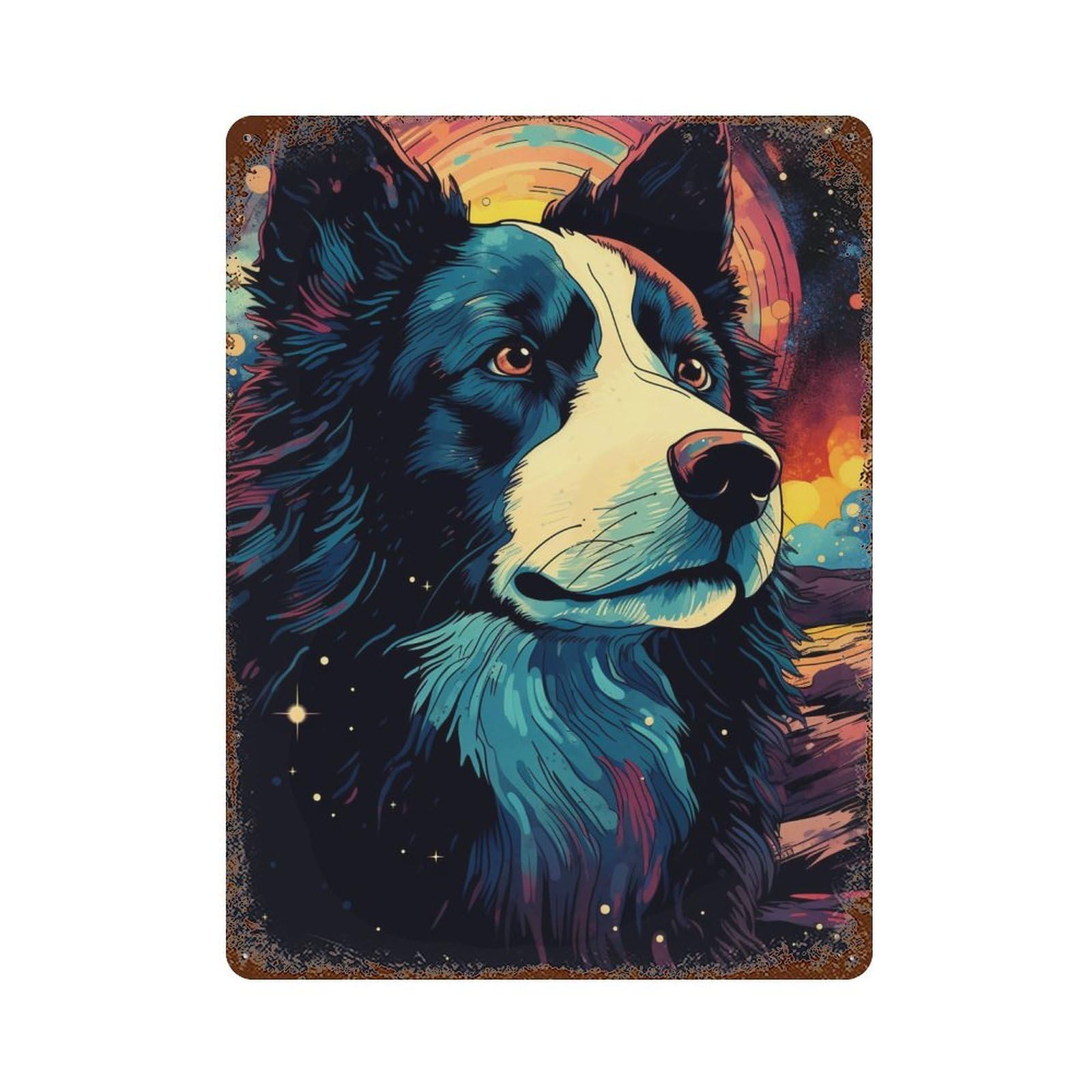 Cosmic Wolf Portrait Art Print 15.7"x11.8" Distressed Metal Wall Sign, Shabby Chic Decor for Shed, Workshop And Garage Wall Decor