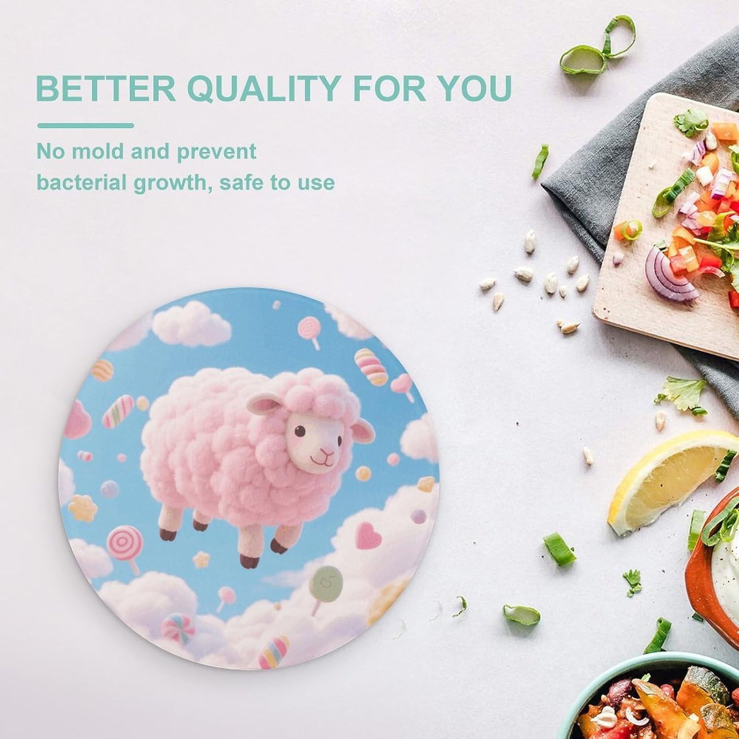 Cloud Candy Sheep Tempered Glass Cutting Board Sturdy Chopping Block Personalized Large Butcher Block Lightweight Round Chopping Mat for Kitchen Non Slip