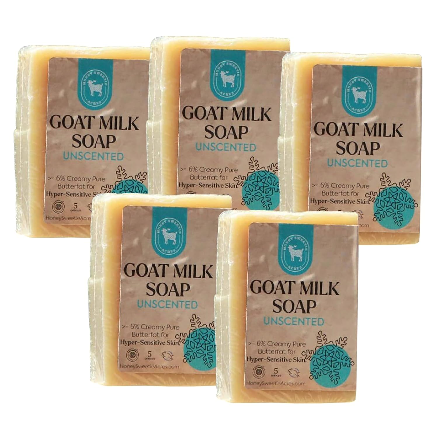 Honey Sweetie Acres 5-Pack Unscented Goat Milk Soap - Handmade 5 oz Bar, Made with Natural Ingredients, Moisturizing & Gentle, Made in the USA