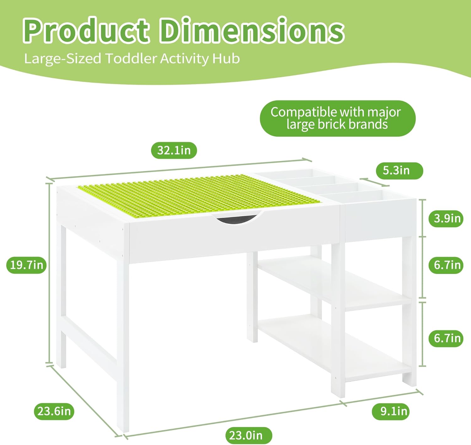 MallBest 4-in-1 Kids Activity Table Compatible with Lego Large Bricks - Solid Wood Building Block Table with Storage, Integrated 2-Tier Bookshelf & 4 Compartments