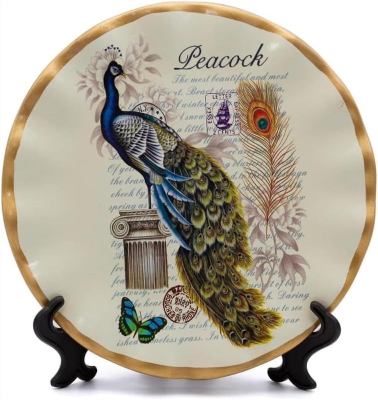 Europäisches Retro-Keramik Deko-Set mit Pfauenmotiv, 3-teilig mit Vasen und Teller, Vintage-Stil Wohnzimmer Dekoration