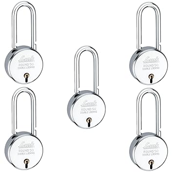 Link 50mm New Round Long Shackle 5Pcs Set | 50,000 Key Combinations | Made in India | Double Locking | Steel Body | Brass Liver| 3 Keys for Each Padlock