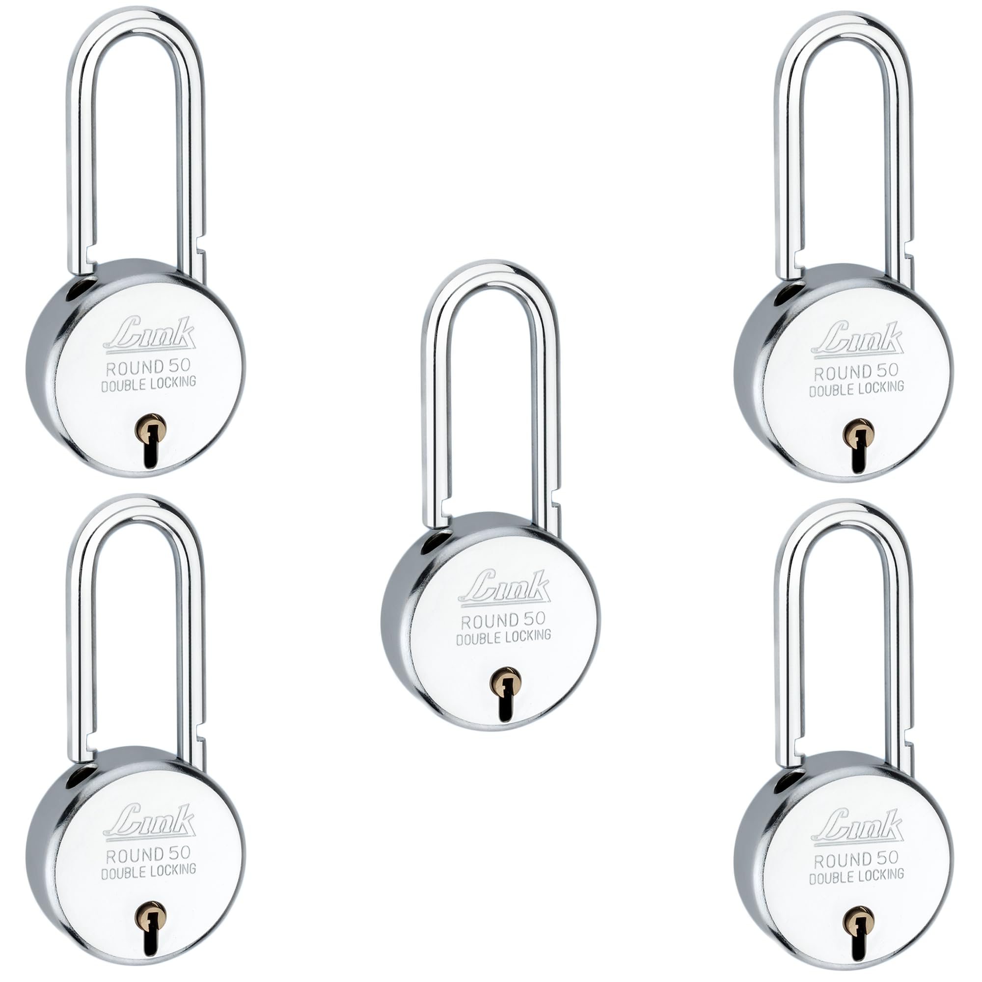 Link® 50mm New Round Long Shackle Padlock 5Pcs Set | 50,000 Key Combinations | Made in India | Double Locking | Steel Body | Iron Lever| 3 Keys for Each Padlock