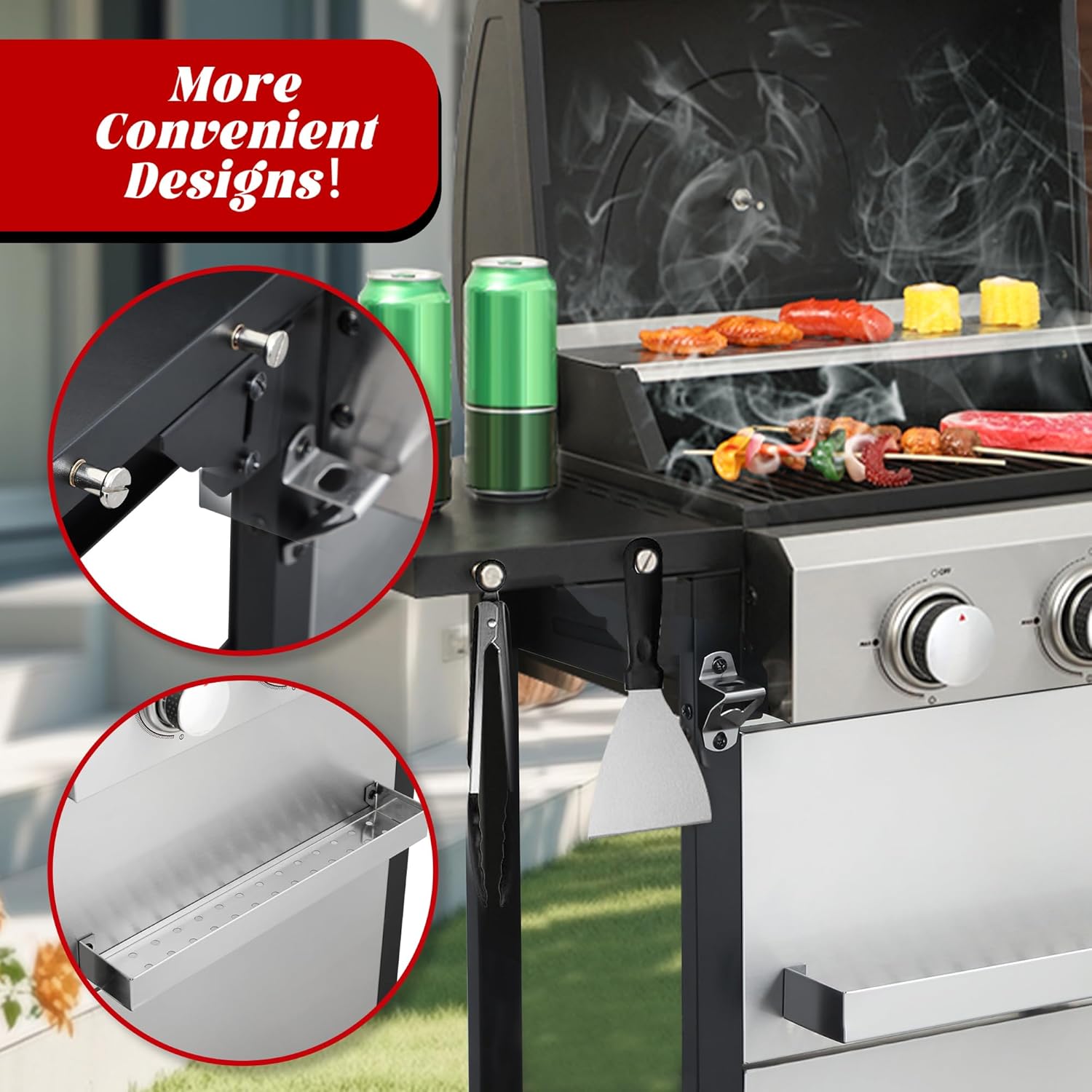 3-Burner Propane Gas Grill with 2 Foldable Side Tables, 25,650 BTU Outdoor BBQ Grill with Porcelain-Enameled Flame Tamers, Built-in Thermometer, Easy Assembly for Patio, Backyard BBQ