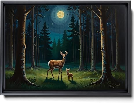 Canvas Print The Secret Forest Nature Art Woodland Print A Deer And Its Baby In The Forest With Some Trees Under The Light Of The Full Moonon Canvas Decor Canvas, Print